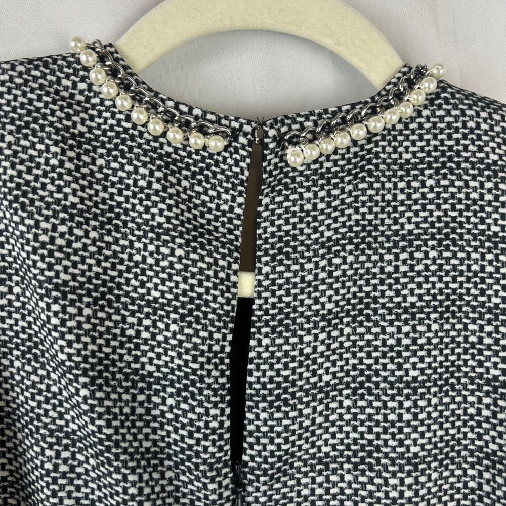 Karl Lagerfeld Paris Womens Black White Pearl Chain Tweed Print Shift Dress 2 - Picture 9 of 11